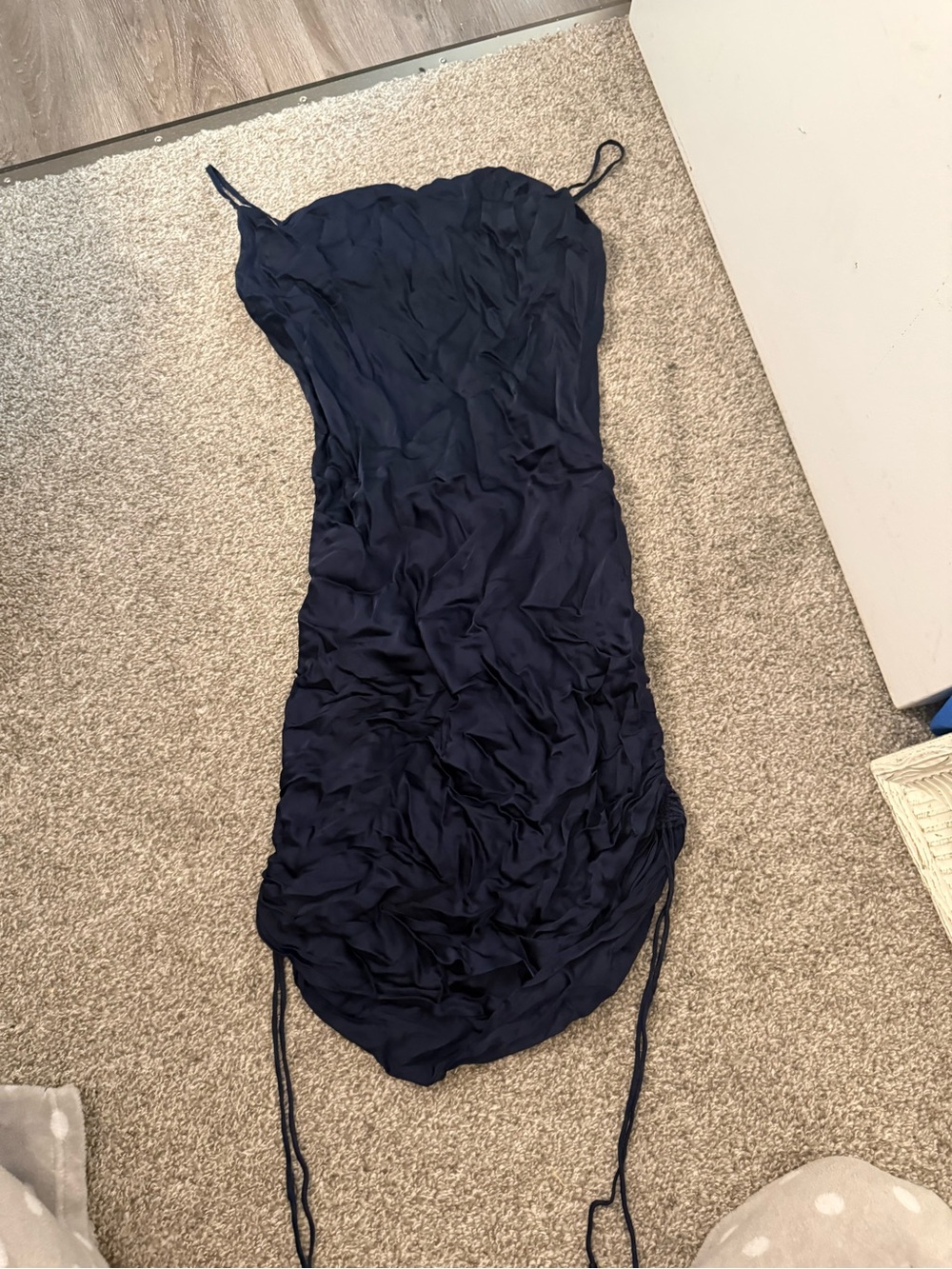 Wilfred Navy Ruched Slip Midi Dress